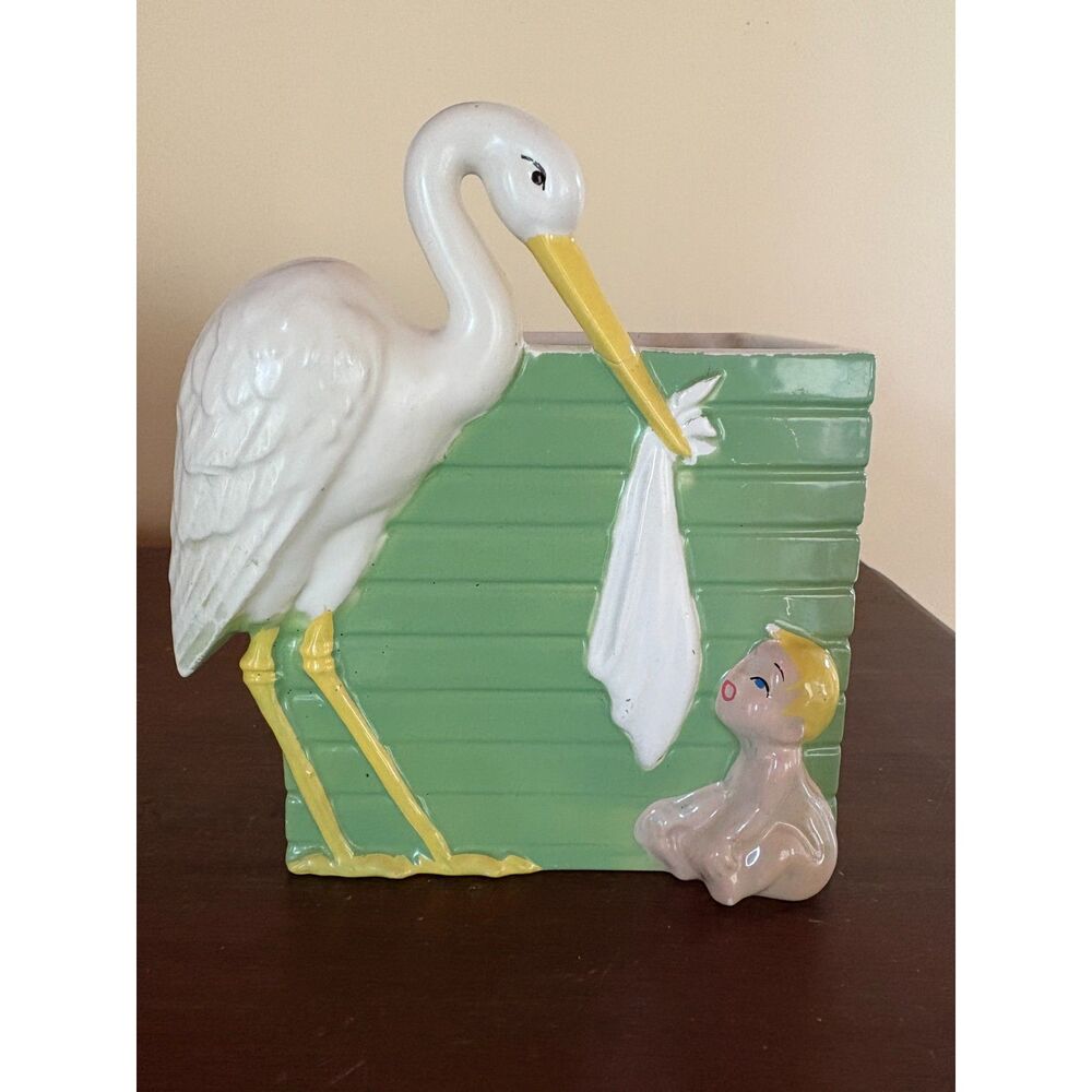Vintage Baby with Stork Planter